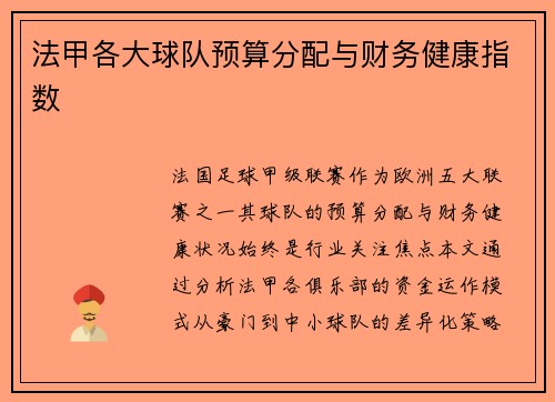法甲各大球队预算分配与财务健康指数