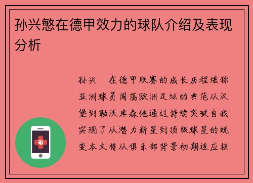 孙兴慜在德甲效力的球队介绍及表现分析