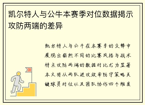 凯尔特人与公牛本赛季对位数据揭示攻防两端的差异